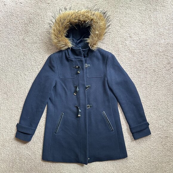 Cole Haan Coat Womens 6 Wool Blend Full Zip Faux Fur Hood Navy Blue Jacket - Picture 1 of 13